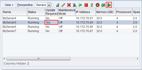 この図は、アップグレード可能なOracle VM Serverが表示されている「Update Required」列が表示された「Servers」パースペクティブを示しています。