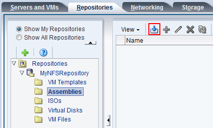 この図は、「Repositories」タブの「Import VM Assembly」アイコンを示しています。