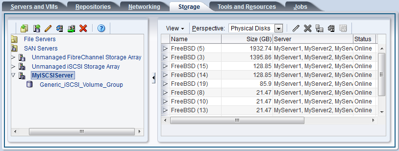 この図は、「SAN Servers」フォルダが選択されて「Physical Disks」パースペクティブが表示されている「Storage」タブを示しており、物理ディスクがリストされています。