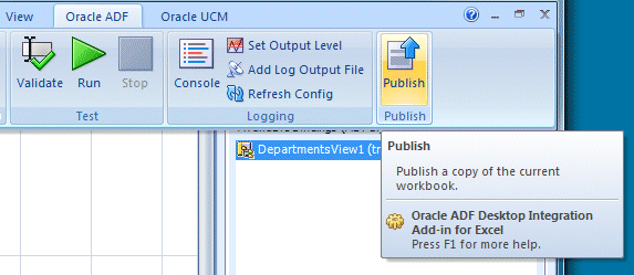 Oracle ADF tab of the Excel ribbon