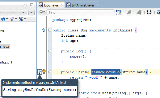 Source editor for Dog class. Cursor is on blue upwards-pointing arrow in the left-hand gutter next to the sayHowDoYouDo method.