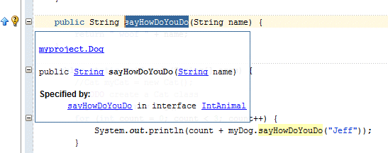 Source editor with window over, containing Javadoc information about the  selected method.