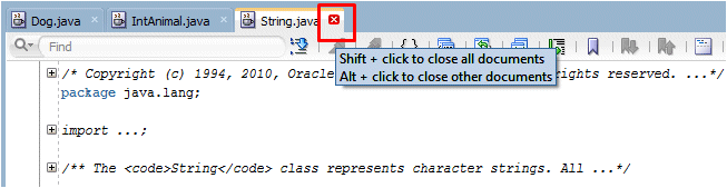 String.java tab with cursor positioned over the X to close the window.