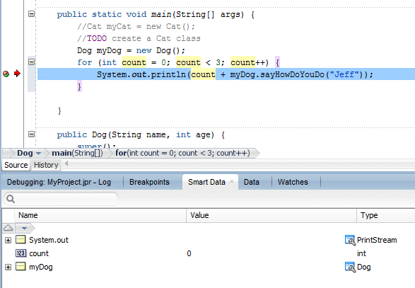 Source editor with breakpoint line in blue and a red arrow at left-hand end of the line.