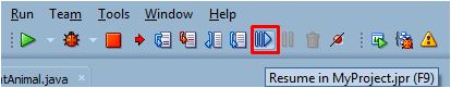 Source editor toolbar with cursor indicating the Resume icon.
