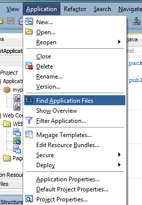 Source editor with Application menu option on main menu selected, and then Find Application Files menu item selected.