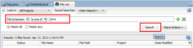 File List tab with .java in the Search field and cursor pointing to Search button.