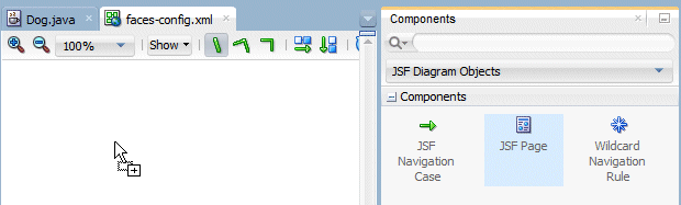 As previous diagram but with JSF Page selected in the Component Palette, and the cursor in the diagrammer ready to drop the selected component onto the diagram.