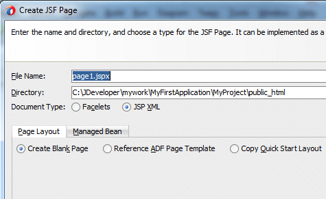 Create JSF Page dialog with values for page1.jspx. Cursor indicates JSP XML radio button.