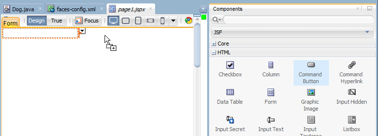 page1.jspx tab with Input Text component. Command Button component is selected in Component Palette, and cursor positioning this component on the page.