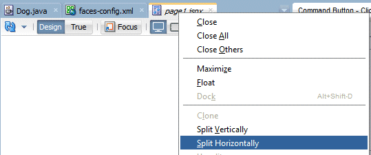 Design editor for page1.jspx with context menu and Split Document menu item selected.
