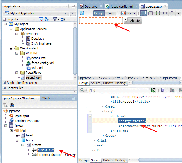 Structure window with the inputText component selected, and same component selected in both source and Design editors for page1.jspx.