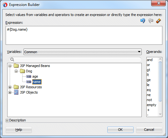 Expression Builder dialog, with JSF Managed Beans node expanded and name variable selected in the Dog managed bean. The expression shows the EL value for the variable.