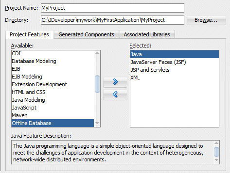 Java, JavaServerFaces and JSPandServlets display in the Selected pane