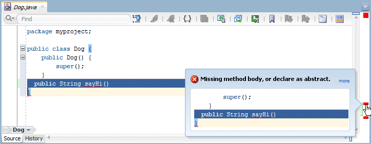 Source editor with cursor over the red mark line in right-hand gutter. Tool tip displays message that the method is missing a return statement.