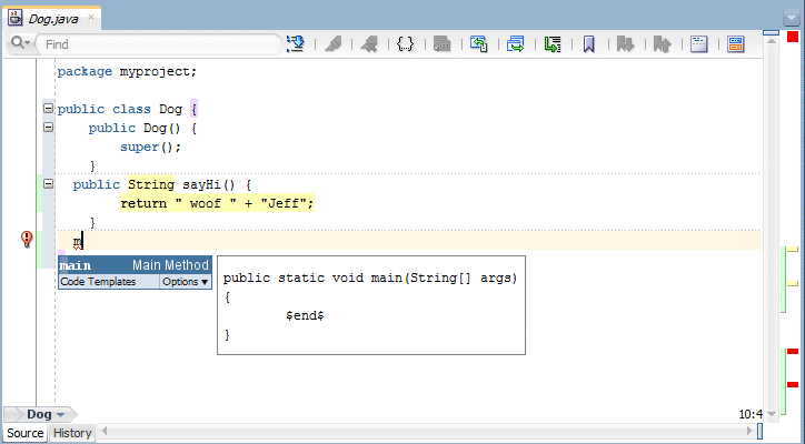 Source editor: shows template offering when letter 'm' is typed.