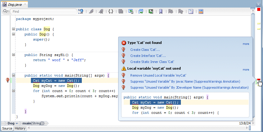 Source editor with cursor on red error marker, saying that Cat type not found.
