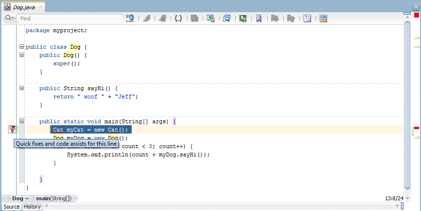 Source editor with cursor on light bulb icon displaying message that 'quick fixes and code assists' are available for this line.