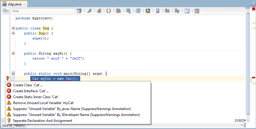 Source editor with list of code suggestions for this line.