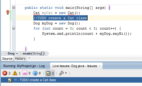 Source editor: the TODO item is highlighted in the code.