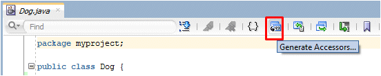 Source editor menu bar with the Generate Accessors icon indicated.
