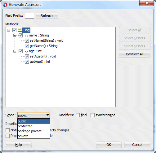 Generate Accessors dialog box showing check boxes to generate getters and setters for both variables checked.
