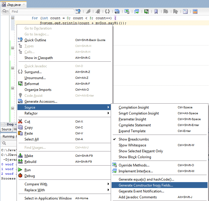 Source editor context menu with menu option Source > Generate Constructor from Fields menu option selected.