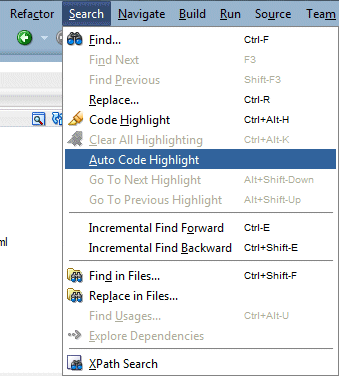Source editor menu bar with Search menu option selected and Auto Code Hightlight menu item selected from the list.