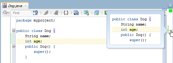 Source editor with cursor over yellow marker in right-hand gutter. Message pointing out usage of 'age' is displayed.
