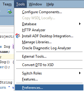 Tools menu on source editor menu bar with Preferences option selected.
