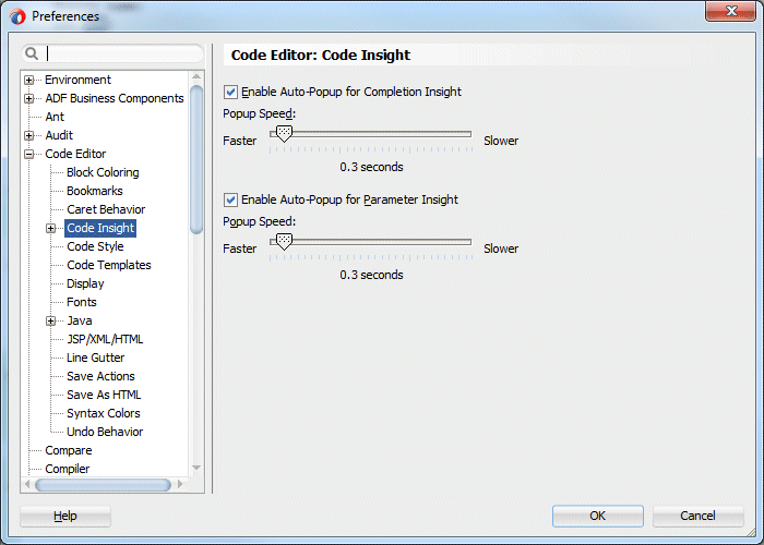 Preferences dialog with Code Insight selected in left-hand pane: in right-hand pane, scroll bar for speeding up or slowing the time taken for Code Insight to pop up with assistance.