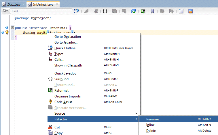 Source editor context menu for IntAnimal: Refactor > Rename selected from the context menu