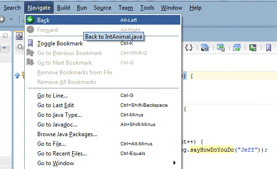 Source editor with Navigate menu option in main menu bar selected and Back menu item chosen from the list of menu items.