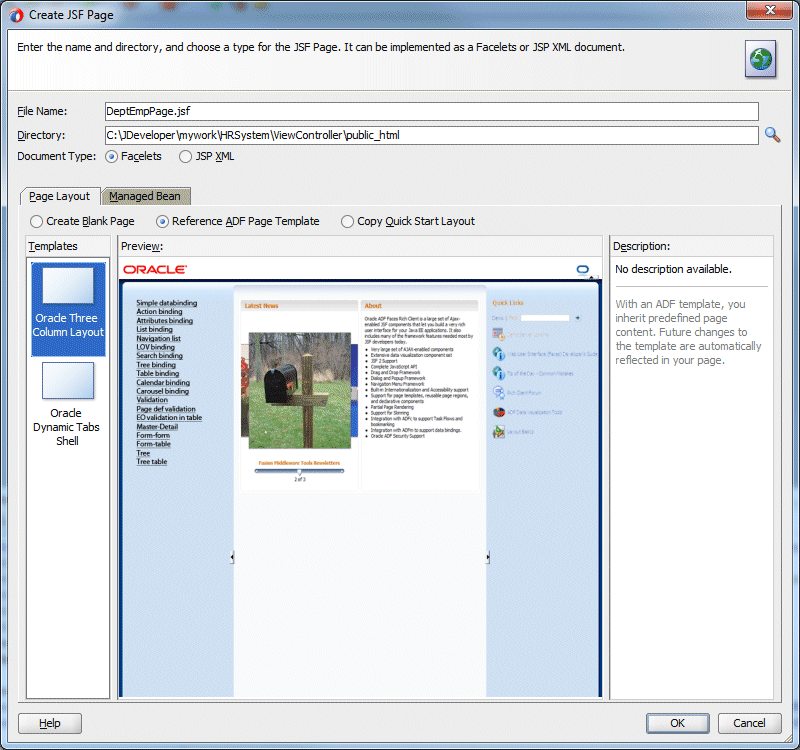 Create Page dialog with selections as described.