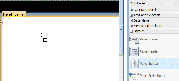 Component Palette with Panel Splitter selected and being dragged onto page.