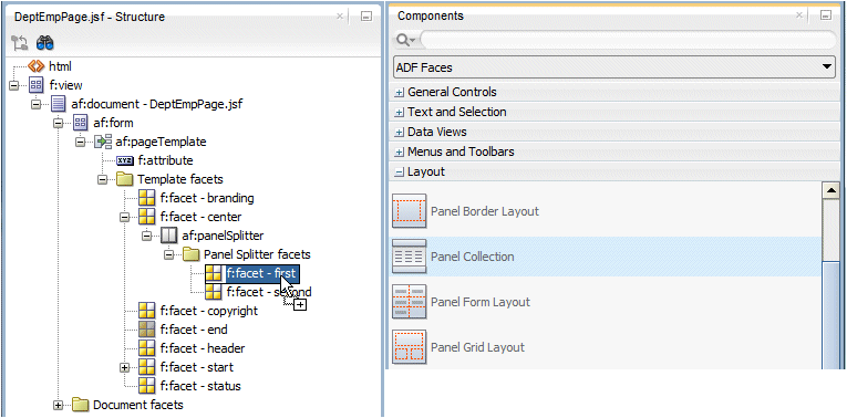 Component Palette with Panel Collection property selected and being dragged onto the page in the first facet.