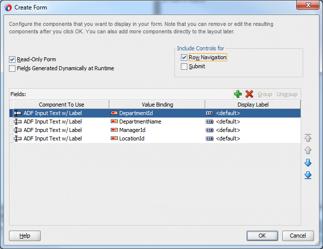 Edit Form Fields dialog  with Include Navigation Controls checkbox checked and cursor over OK button.