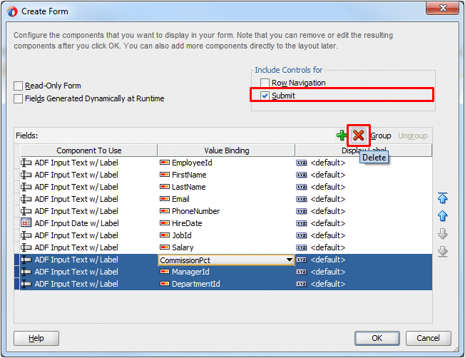 Edit Form Fields dialog with 3 last fields in list selected and cursor over Delete button. 