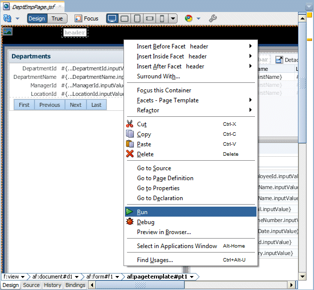DeptEmpPage with Run option selected in context menu.