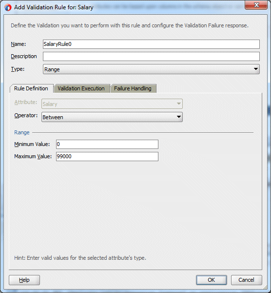 Add Validation Rule dialog with Range selected in drop down box for Rule Type.