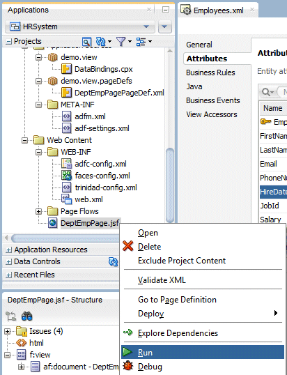 App Navigator with DeptEmpPage selected and Run selected in context menu.