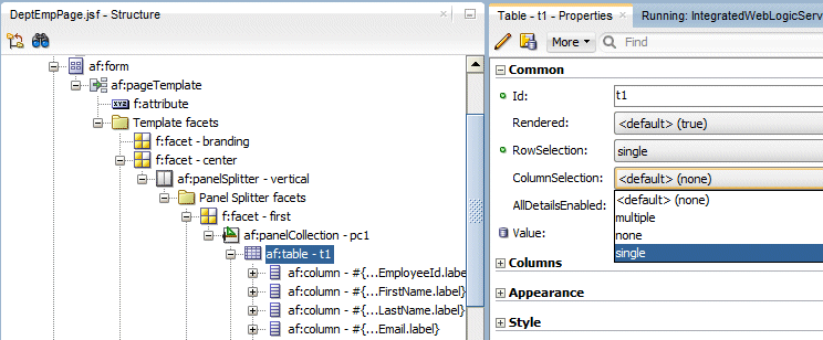 Structure window with af:table selected and PI for Table with ColumnSelection property set to single.