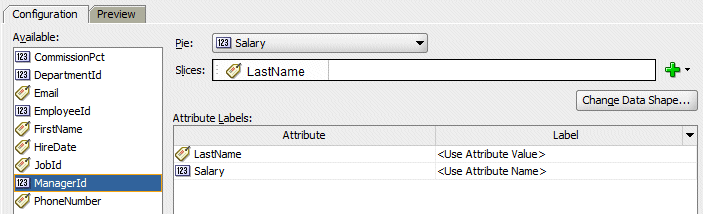 Create Pie Graph dialog with Salary chosen for the Pie field and LastName being dragged from the Available list into the Slices field.