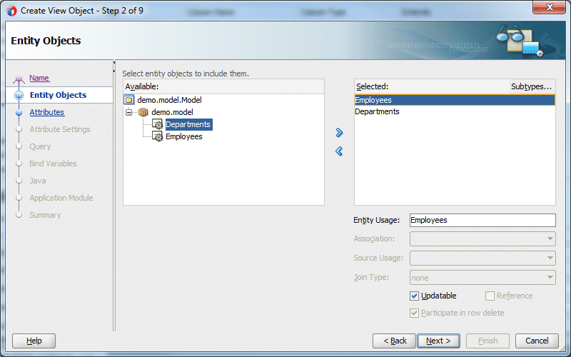 Create View Object Step 2: Employees and Departments entity objects have been shuttled into Available box