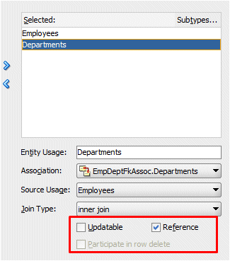 Create View Object Step 2: Employees and Departments entity objects have been shuttled into Available box