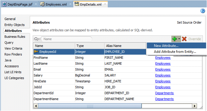 EmpDetails.xml file with Attributes tab selected. Drop down menu for green plus with New Attribute selected.