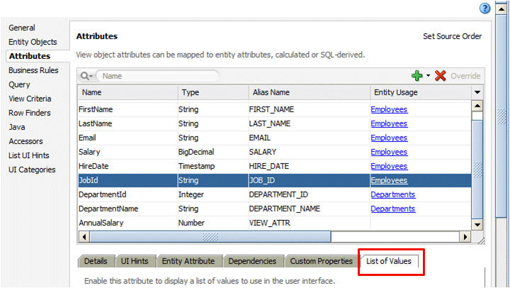 EmpDetails.xml with Attributes tab selected. JobId attribute selected in list with cursor pointing to List of Values tab.