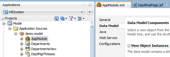 App Navigator with AppModule selected and to the right, AppModule.xml open for editing. Data Model tab is selected.