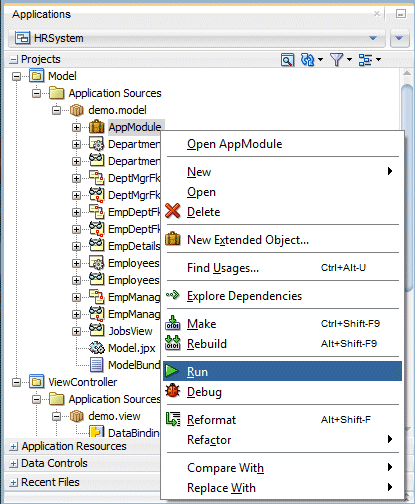 App Navigator with AppModule selected and Run chosed from context menu.