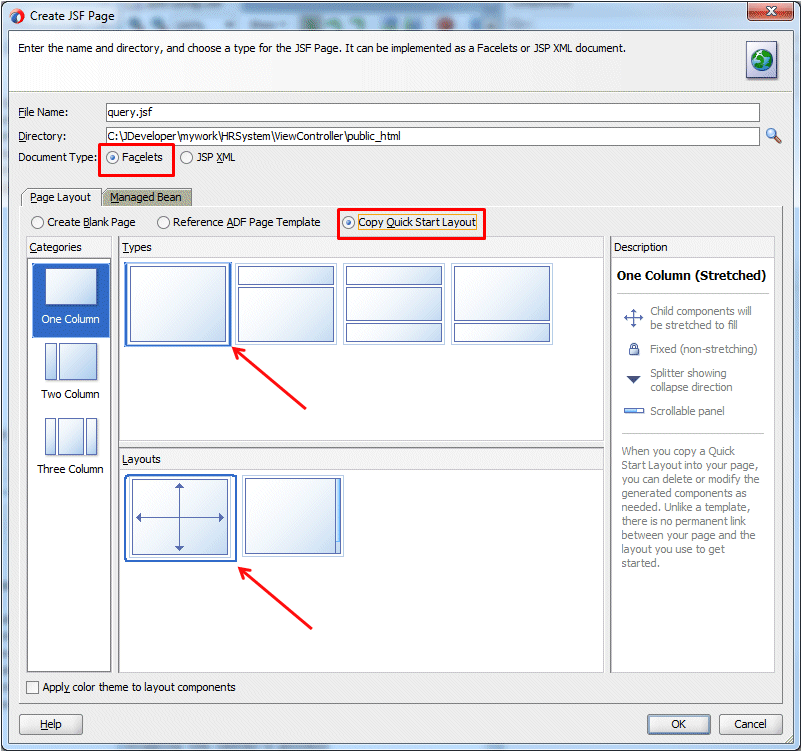 Create JSF Page dialog for the query page with cursor over the Browse button.